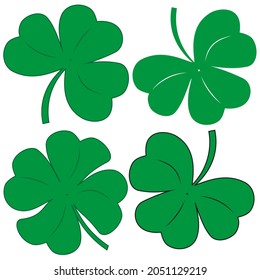 a set of green clover leaves with a dark outline, shamrock and quatrefoil. isolated on a white background, design element, flat illustration