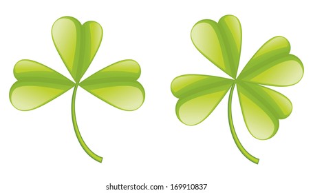 Set of green clover leaves on white background.