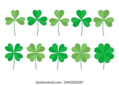 Set of green clover leaves, three and four leaves. Vector illustration isolated on white background.