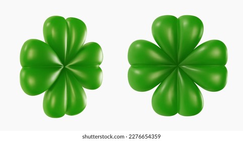 Set green clover various view isolated on white background. 3d cartoon vivid illustration in realistic minimal style. Bright modern vector graphic element. Lucky symbol or icon.