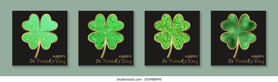Set of green clovers for the St Patrick's day greeting cards on a black background.