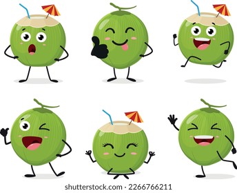 Set of green coconut fruit cartoon character 