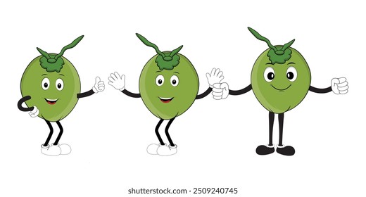 Set of green coconut fruit cartoon character, Mascot poses with smile expression Isolated Vector Illustration
