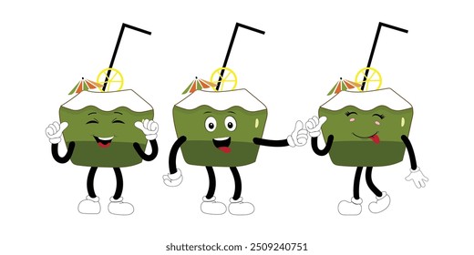 Set of green coconut fruit cartoon character, Mascot poses with smile expression Isolated Vector Illustration