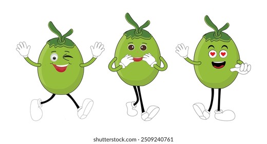 Set of green coconut fruit cartoon character, Mascot poses with smile expression Isolated Vector Illustration