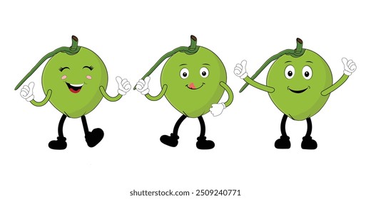 Set of green coconut fruit cartoon character, Mascot poses with smile expression Isolated Vector Illustration