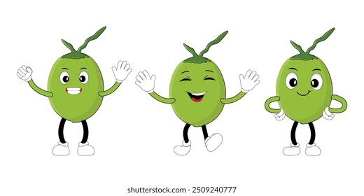Set of green coconut fruit cartoon character, Mascot poses with smile expression Isolated Vector Illustration