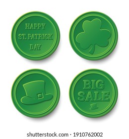 Set of green coins with clover and hat. Happy St. Patrick's Day vector coins. Sale coin