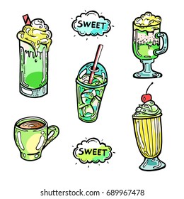 Set of green color doodle icon sketches of iced coffee and cocktails. Milkshake, espresso, latte and other cocktails in trendy youthful style. Vector EPS 10 illustration.