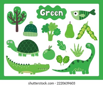 Set of green color objects. Primary colors flashcard with green elements. Learning colors for kids. Vector illustration