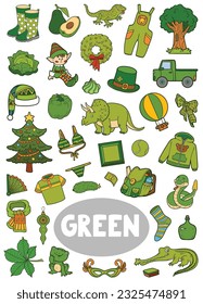 Set of green color objects. Visual dictionary for children about the basic colors. Vertical cartoon sheet with isolated images to learning for kindergarten and preschool learning