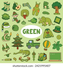 Set of green color objects. Visual dictionary for children about the basic colors. Square cartoon sheet with isolated images to learning for kindergarten and preschool learning
