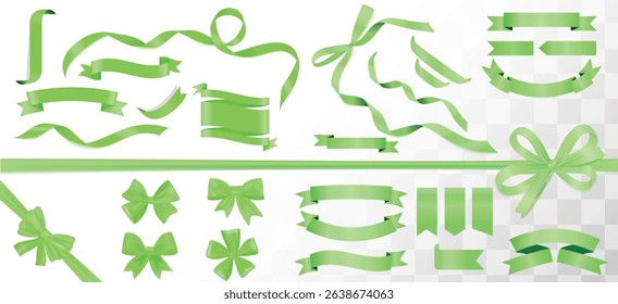 Set of Green Color Ribbons and Tags isolated on white background, 3D Vector Illustration, Set of decorative green bow with horizontal green ribbon, Christmas and New Year decoration.