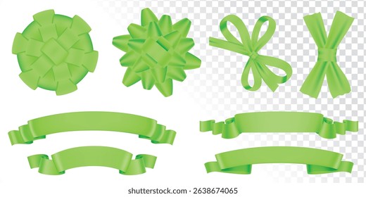 Set of Green Color Ribbons and Tags isolated on white background, 3D Vector Illustration, Set of decorative green bow with horizontal green ribbon, Christmas and New Year decoration.