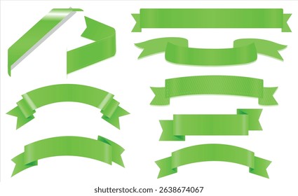 Set of Green Color Ribbons and Tags isolated on white background, 3D Vector Illustration, Set of decorative green bow with horizontal green ribbon, Christmas and New Year decoration.