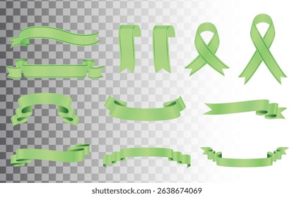 Set of Green Color Ribbons and Tags isolated on white background, 3D Vector Illustration, Set of decorative green bow with horizontal green ribbon, Christmas and New Year decoration.