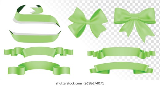 Set of Green Color Ribbons and Tags isolated on white background, 3D Vector Illustration, Set of decorative green bow with horizontal green ribbon, Christmas and New Year decoration.