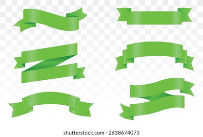 Set of Green Color Ribbons and Tags isolated on white background, 3D Vector Illustration, Set of decorative green bow with horizontal green ribbon, Christmas and New Year decoration.