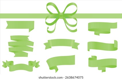 Set of Green Color Ribbons and Tags isolated on white background, 3D Vector Illustration, Set of decorative green bow with horizontal green ribbon, Christmas and New Year decoration.