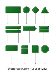 Set of green color road signs. Vector illustration on white background. Road signs template.