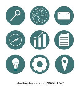 Set of green color web pictogram. E-mail, Arrow move up, Magnifying glass, Document, Compass, E-mail, Light bulb, Gear, Map pointer icons. Flat style vector illustration isolated on white background