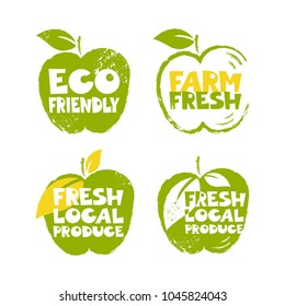 Set of green colored labels in grunge style. Eco friendly. Farm fresh. Fresh local produce.Apple shape with text.Vector handdrawn illustration.  Good for print, posters, commercial, flayers, banners. 
