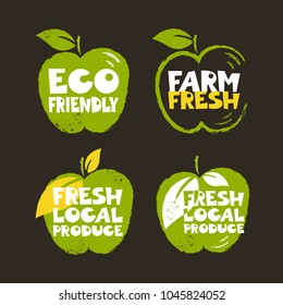 Set of green colored labels in grunge style. Eco friendly. Farm fresh. Fresh local produce.Apple shape with text.Vector handdrawn illustration.  Good for print, posters, commercial, flayers, banners. 