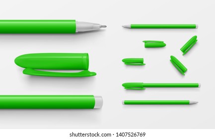 Set of green colored office pens and caps in horizontal position, realistic vector illustration