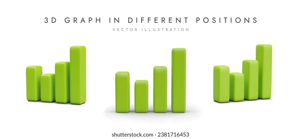 Set of green column 3D graphs in different positions. Keeping statistics, tracking dynamics. Visual reporting, analytics. Growth, profit. Color vector illustration for web design