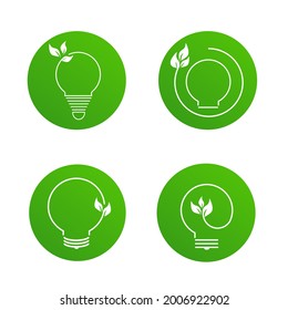 set Green contour of electric light bulb with green leaves. Isolated on white. Flat line icon. Vector illustration. Environmental care. Environmentally friendly. world environment day
