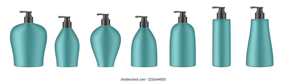 Set grüner Kosmetikflaschen mit Pumpe. Dispenser. Flüssige Seife oder Duschgel. Professionelles Shampoo