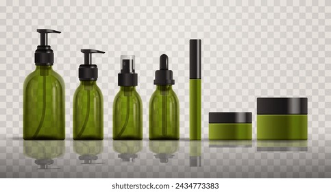 Conjunto de botellas cosméticas verdes sin etiqueta sobre fondo transparente. Ilustración vectorial de botellas y tarros de vidrio ecológico