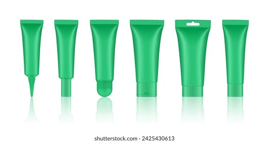 Set of green cosmetic tubes. Closed blank tubes with caps. Realistic mockup. Long nozzle tube. for ointment or salve. Gel serum. Korean packaging. Lip gloss