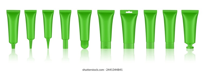 Set of green cosmetic tubes. Closed blank tubes with caps. Realistic mockup. Long nozzle tube. for ointment or salve. Gel serum. Korean packaging. Lip gloss. Toothpaste. Hand cream