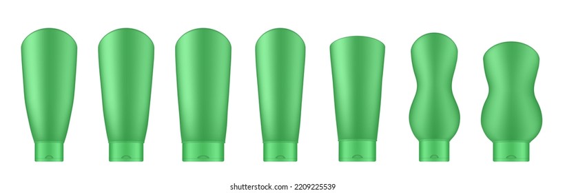 Set of green cosmetic tubes.  Realistic mockup. Korean packaging. Lotion or shower gel. Conditioner or hair mask