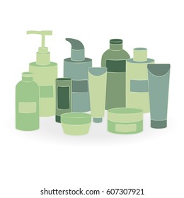 Set of green cosmetic tubes. Simple bathroom bottles. Organic cosmetic. Vector illustration.