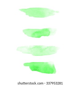 Set of green cosmetic watercolor brush strokes isolated on white. Make up colors. Vector