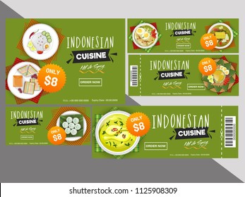 Set of green coupon or discount voucher for Indonesian Cuisine restaurant.