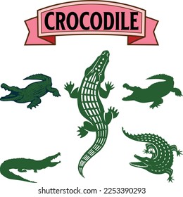 Set of green crocodile character big carnivore reptile animal design flat vector illustration isolated on white background
