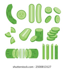 Conjunto de pepino verde, emblema de producto de pepino fresco de granja para tienda de comestibles, diapositivas, secciones largas y transversales, y diferentes posiciones, Ilustración vectorial plana simple de verduras y frutas.