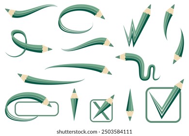 Set of green curved pencils. Arrows and frames on a white background. Different curved arrows, swirls, crosses, circles and check marks.