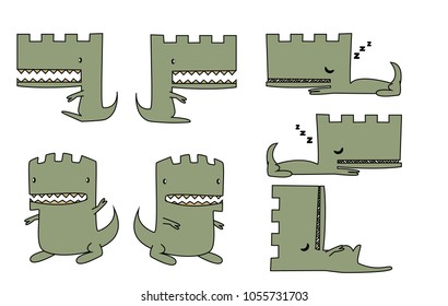 Set of green cute crocodile or T-rex