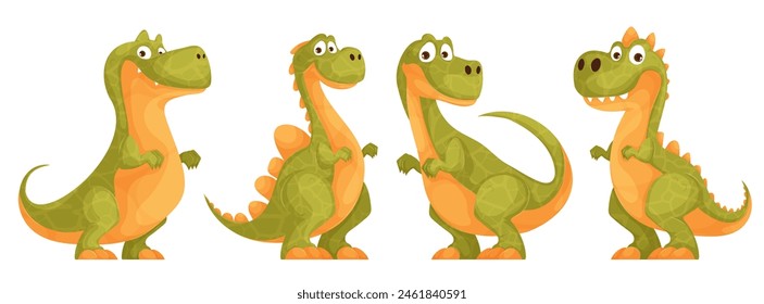 Conjunto de lindos dinosaurios verdes. Un divertido y divertido dinosaurio de dibujos animados con un aspecto peculiar y poses de escamas amarillas. Animal prehistórico y primitivo representado