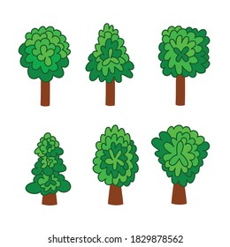 Set von grünen Laubbäumen doodle Cartoon Stil, isolieren Clip-Kunst auf Weiß. Umgebung der Vektorgrafik Natur Baumstamm Blattwerk mit Schlaganfall