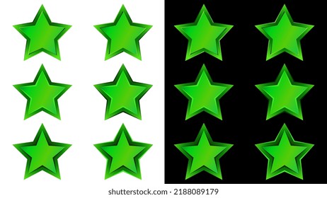 Set of green decorative stars with different borders on white and black background. For rating or decoration. Vector design element.