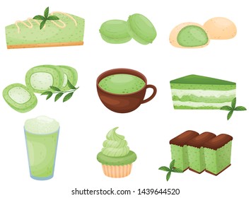 Set of green desserts from kiwi. Vector illustration on white background.