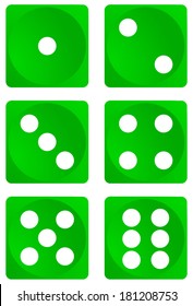 Set of green dice, all numbers, dice games, vector art image illustration, eps10, isolated on white background