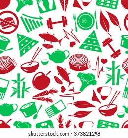 set of green  diet and healthy life style theme icons seamless green pattern eps10