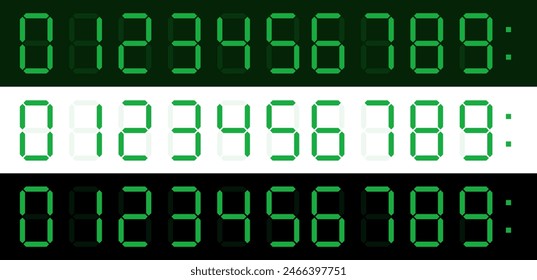 Set of green digital number displays in three styles on dark, white, and black backgrounds, ideal for electronic and tech designs.