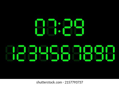 Set of green digital numbers vector illustration for digital LCD electronic display isolated on black background. Luminous digital numbers for timer, alarm, digital clock, calculator, screen concept.